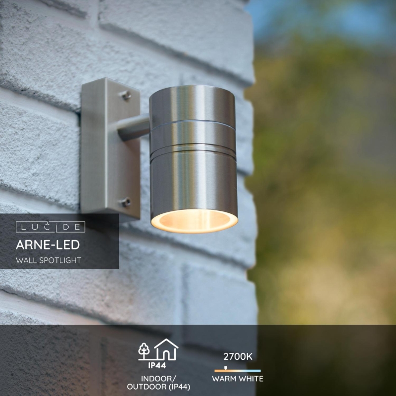 Lucide ARNE-LED - Vonkajšie nástenné bodové svietidlo - Ø 6,3 cm - LED - GU10 - 1x5W 2700K - IP44 - Satin Chrome